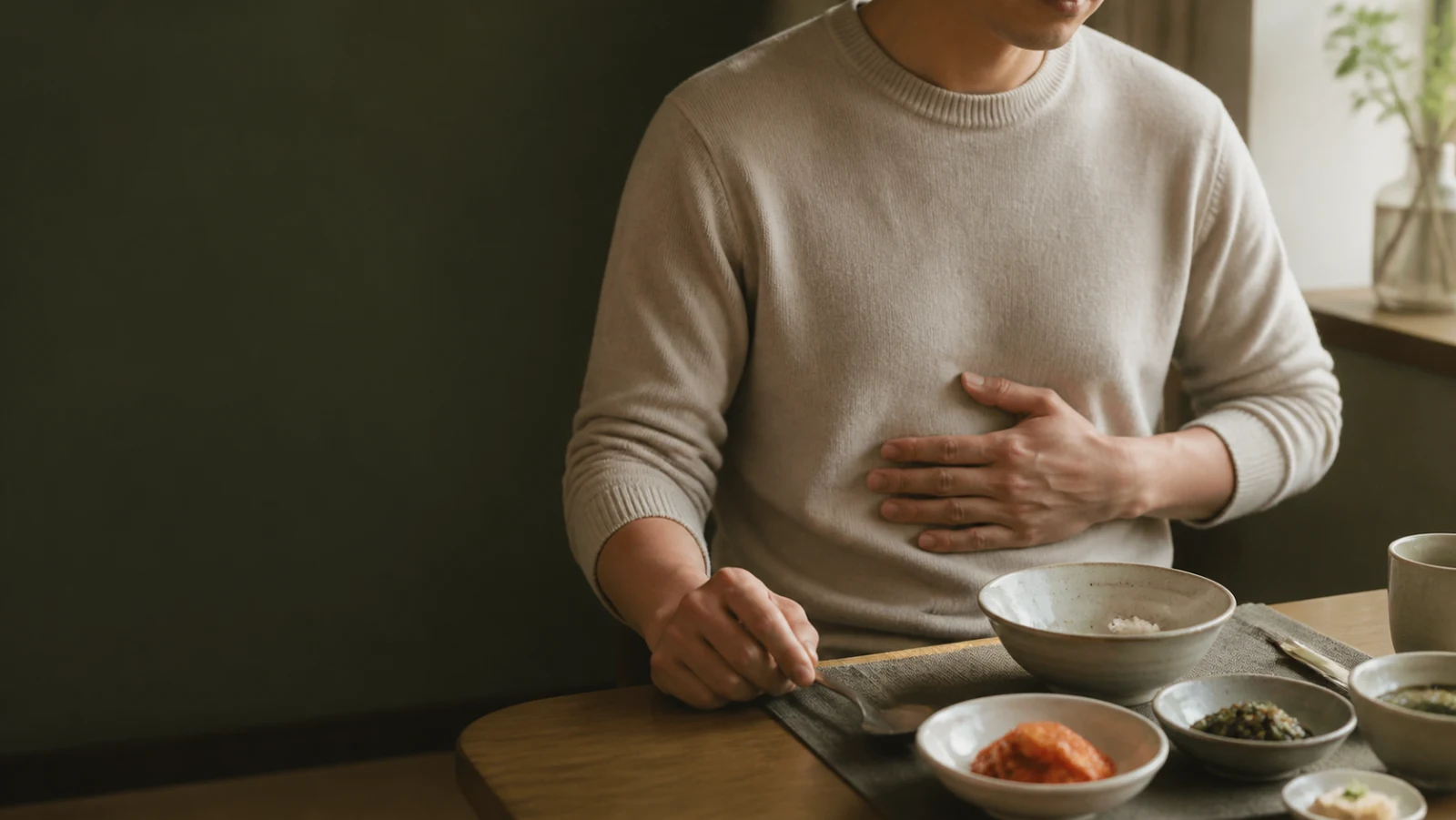 조금만 먹고 숟가락을 내려놓은 채 명치 부위를 짚고 있는 성인의 식사 장면