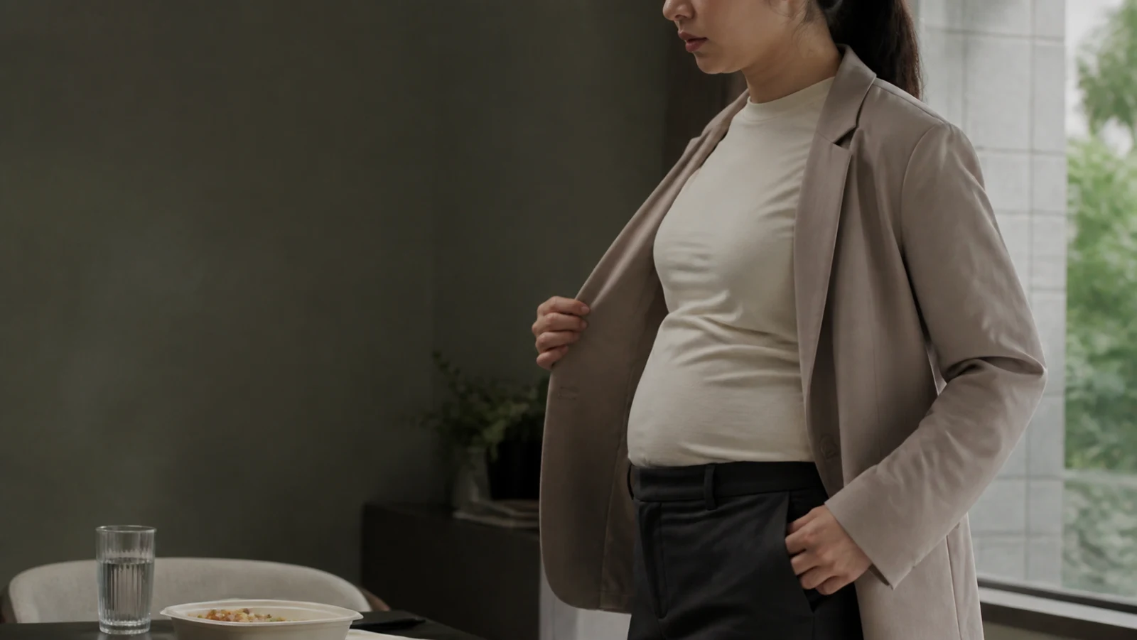 식사 뒤 팽만한 아랫배 위의 재킷을 느슨하게 하는 성인의 부분 모습