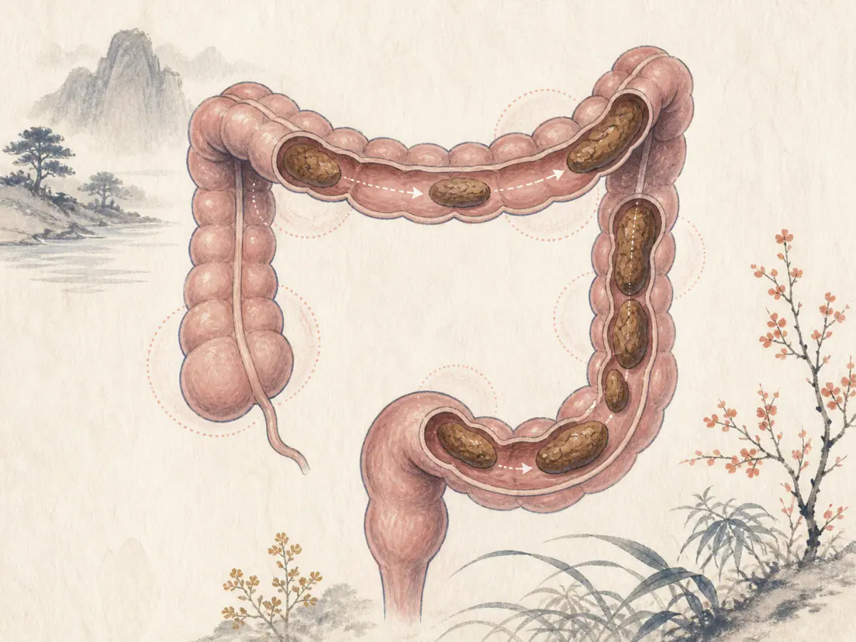 대장을 따라 천천히 이동하는 변과 장 통과 흐름을 보여주는 메디컬 일러스트