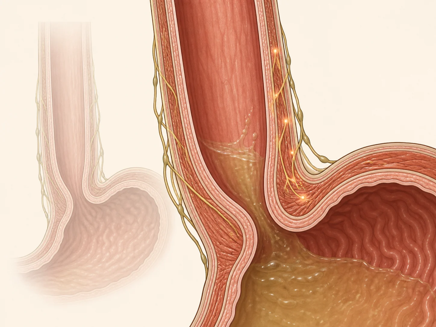 점막 손상은 뚜렷하지 않은 하부 식도에 소량 역류와 감각 신경 반응이 나타나는 비미란성 역류 메디컬 일러스트
